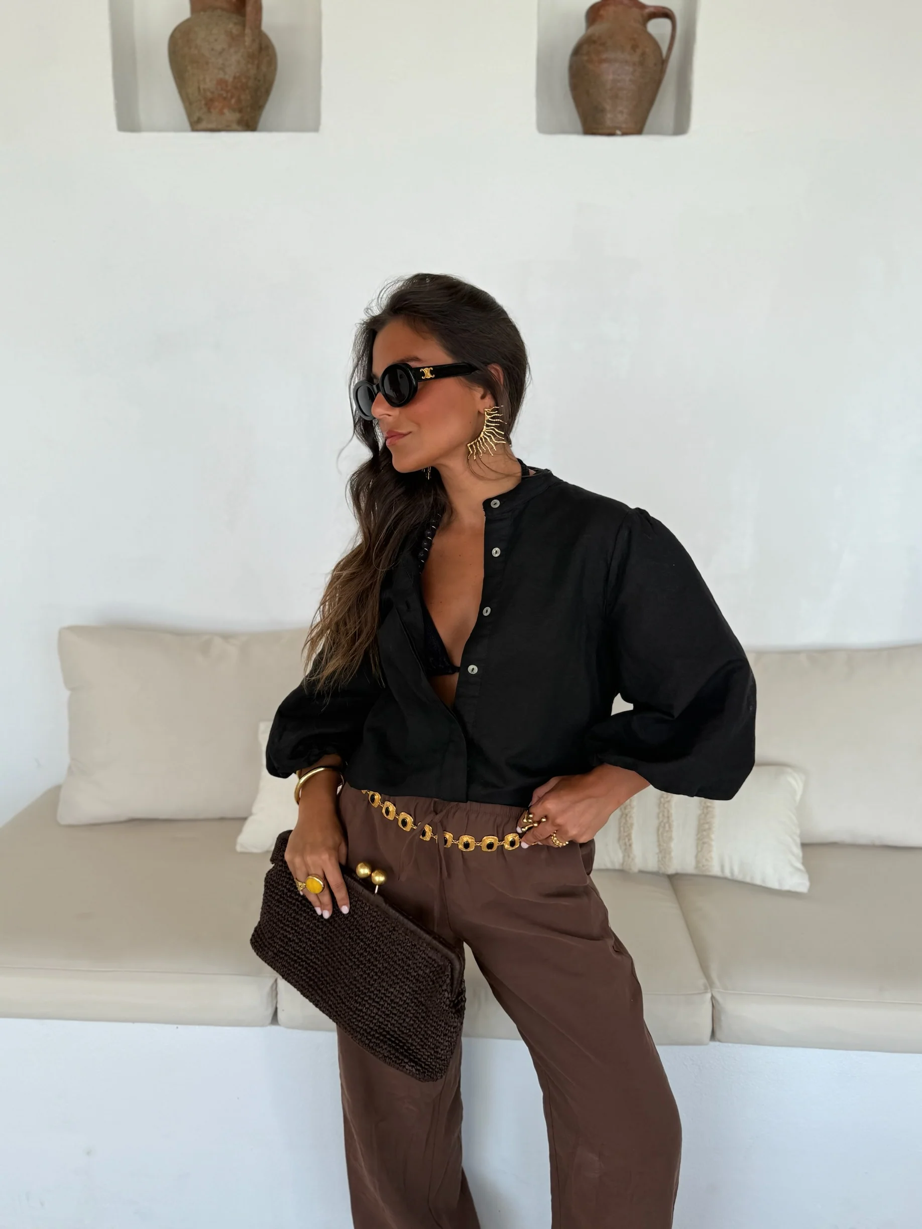 Balloon Sleeve Linen Blouse in Black - Image 5