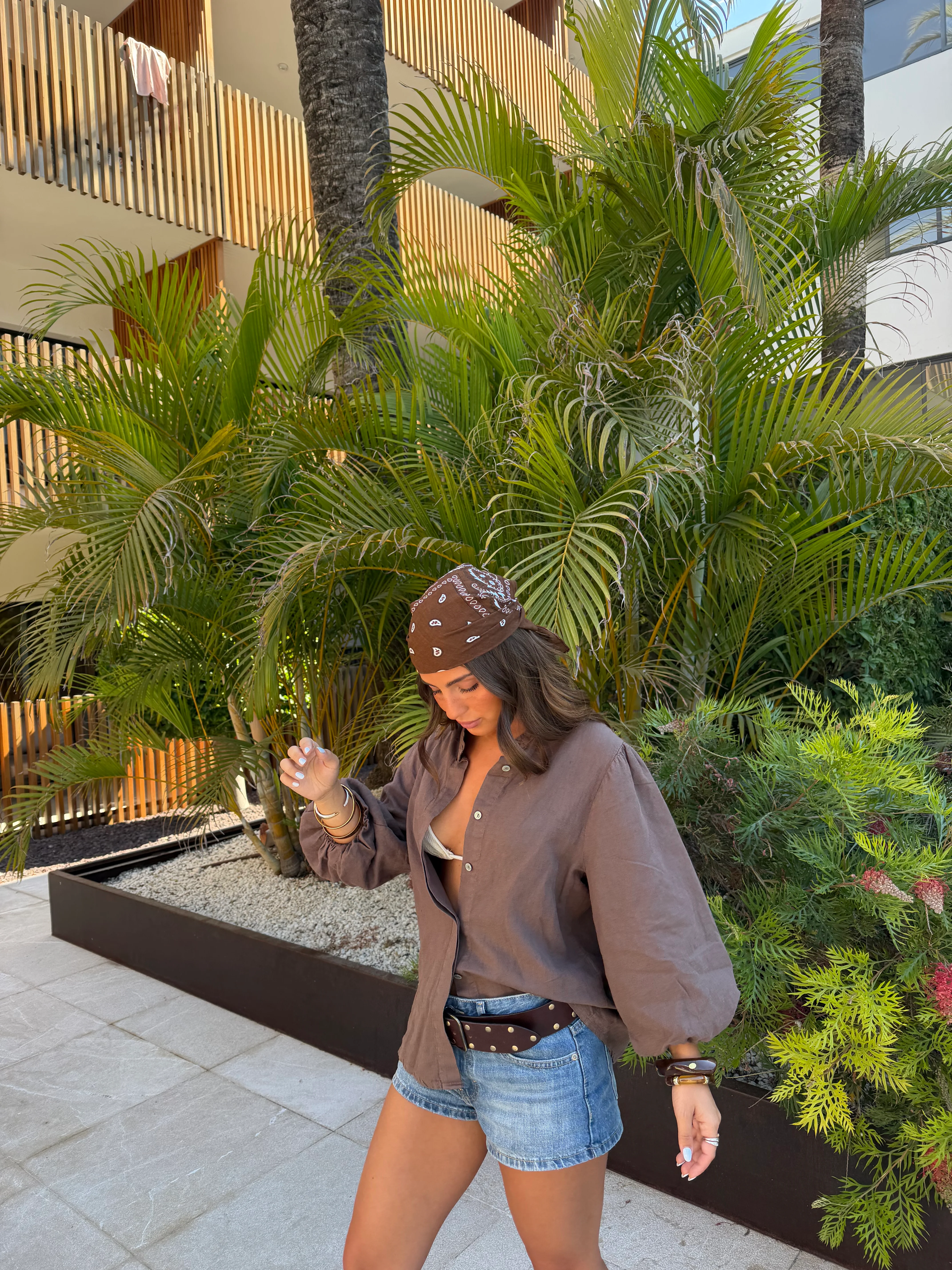 Balloon Sleeve Linen Blouse in Brown - Image 3