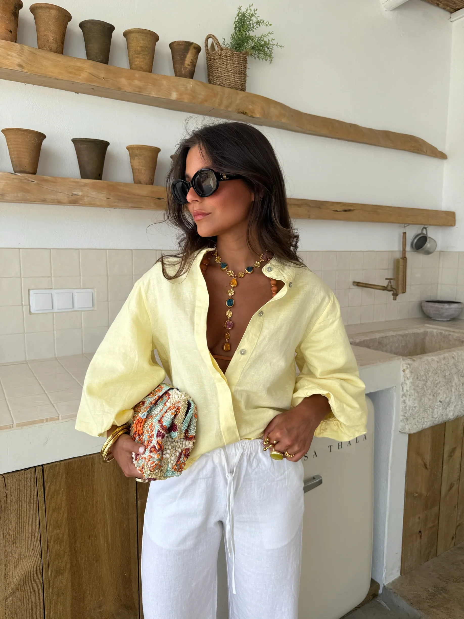 Balloon Sleeve Linen Blouse in Light Yellow - Image 3