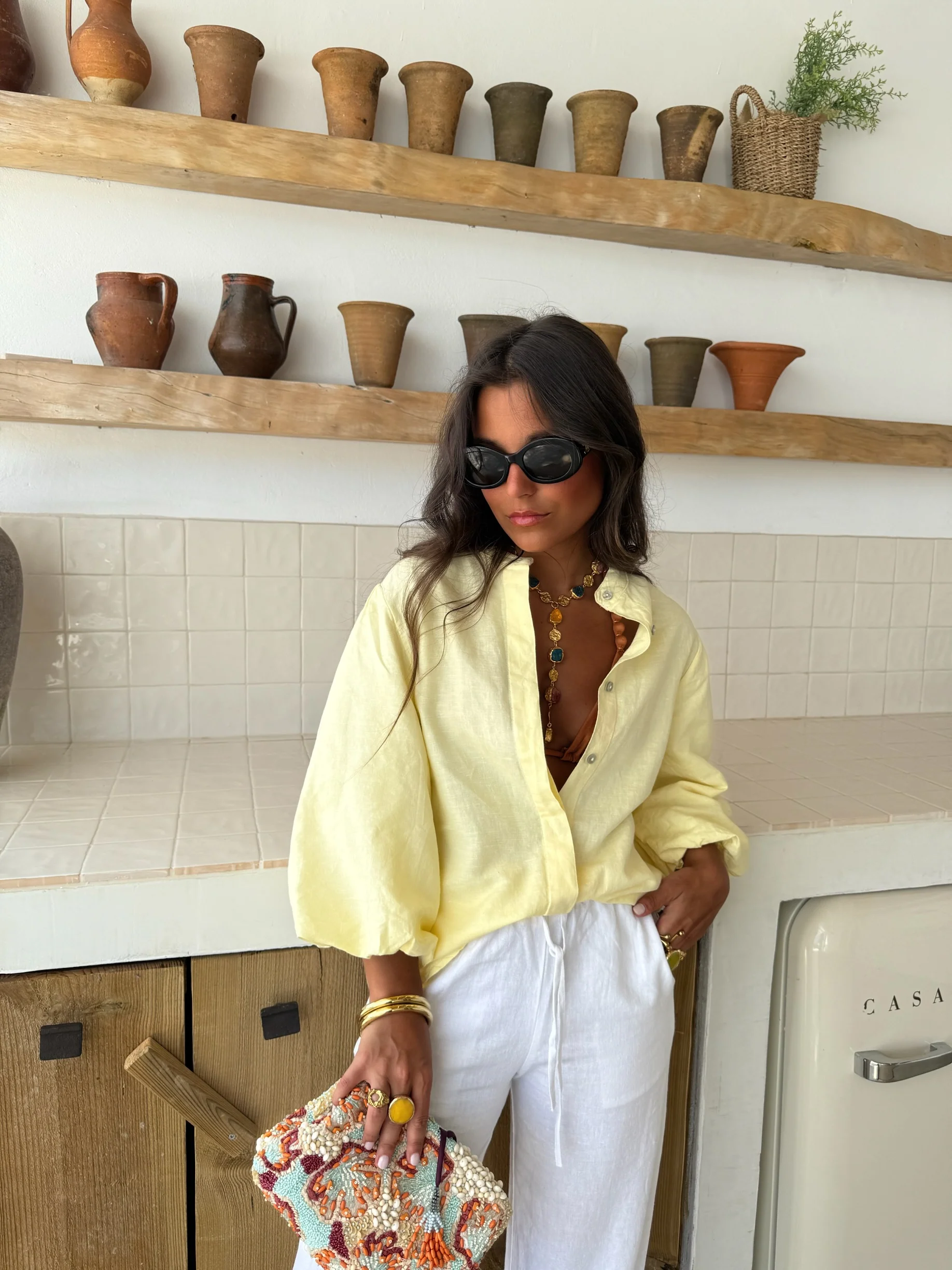 Balloon Sleeve Linen Blouse in Light Yellow - Image 6