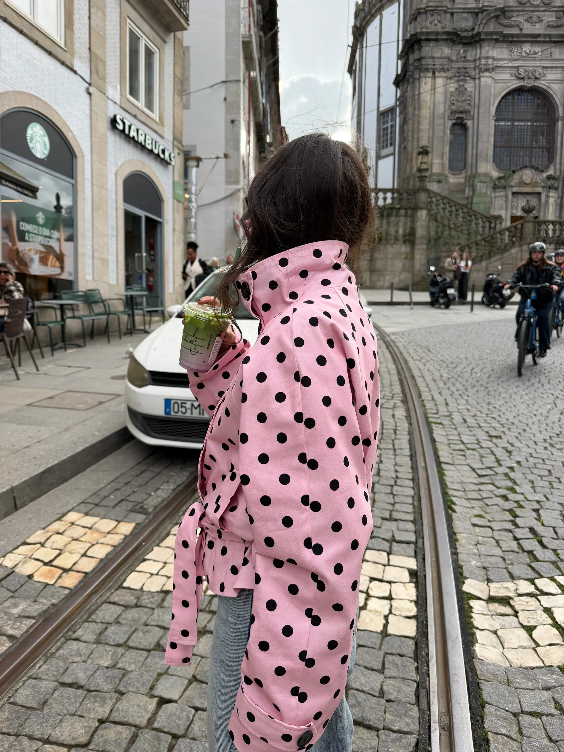 Cropped High Neck Polka Dot Trench Coat in Pink - Image 3