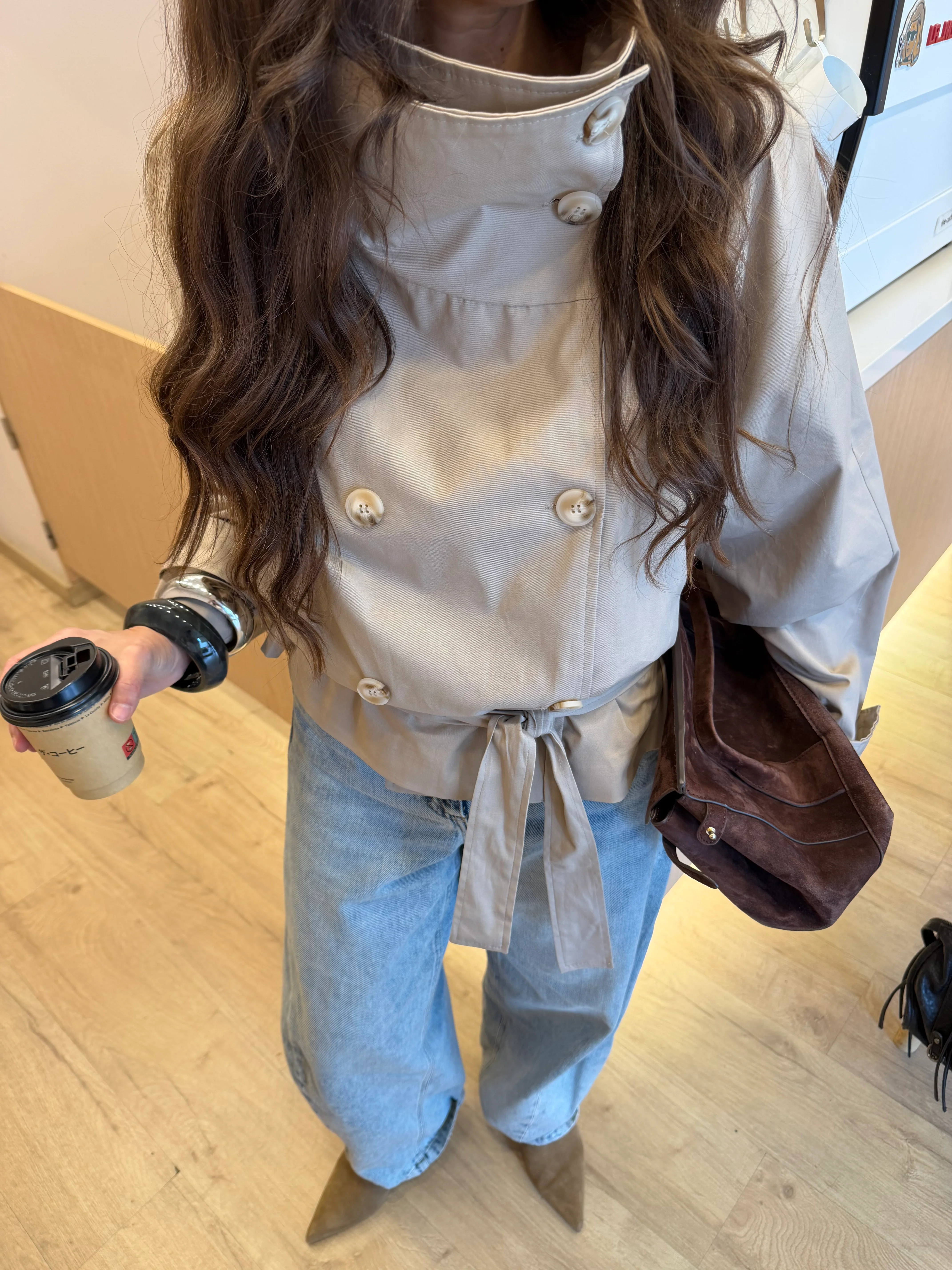 Cropped High Neck Trench Coat in Beige - Image 7