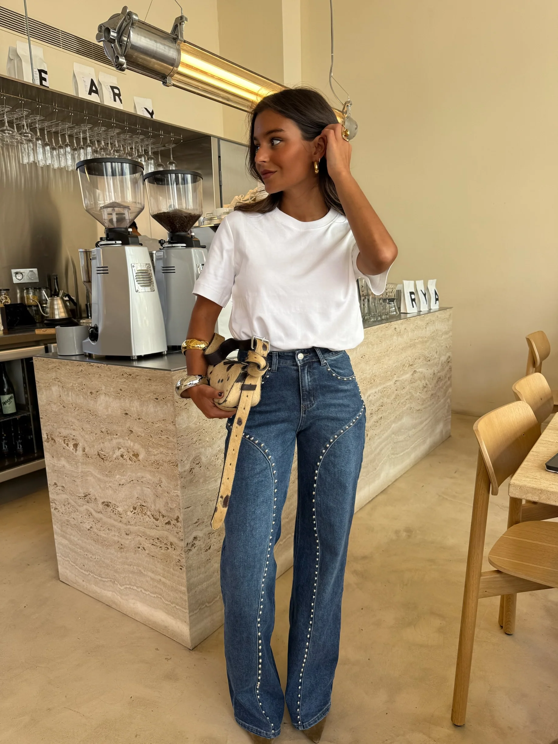 Wide Leg Denim Jeans Studded Details - Image 4